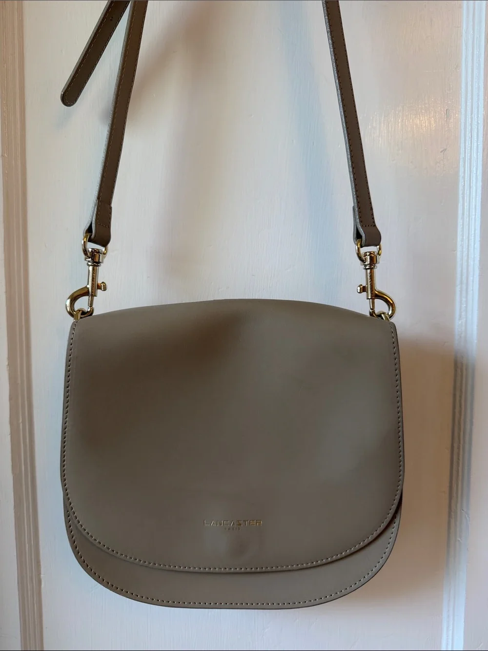 Lancaster Paris Smooth Leather Crossbody Flap Bag Taupe Beige with Gold Hardware